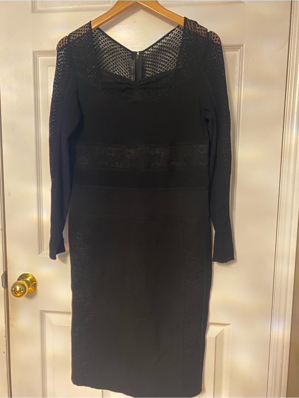 Elie Saab Black Long-Sleeve Lace-Panel Sheath Dress #12